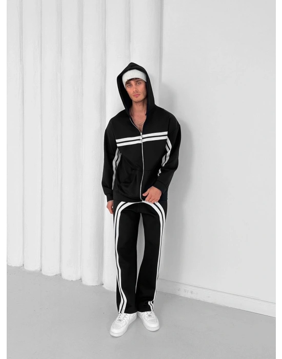 3 İPLİK PAMUKLU KUMAŞ ALT ÜST ŞERİTLİ EŞOFMAN TAKIMI SİYAH