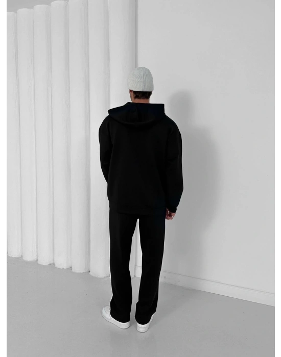 3 İPLİK PAMUKLU KUMAŞ ALT ÜST ŞERİTLİ EŞOFMAN TAKIMI SİYAH