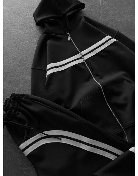 3 İPLİK PAMUKLU KUMAŞ ALT ÜST ŞERİTLİ EŞOFMAN TAKIMI SİYAH