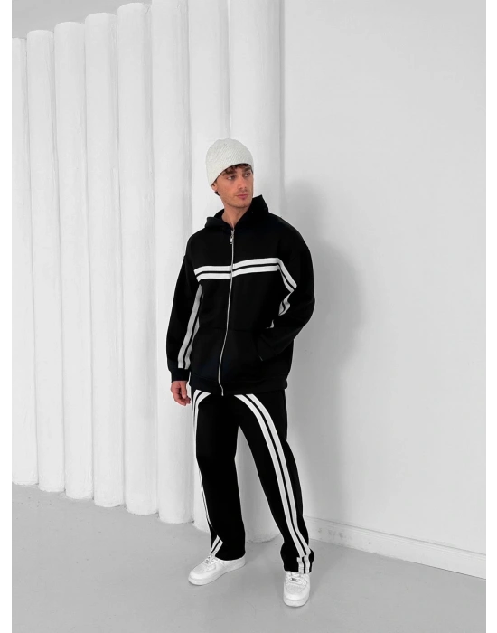 3 İPLİK PAMUKLU KUMAŞ ALT ÜST ŞERİTLİ EŞOFMAN TAKIMI SİYAH