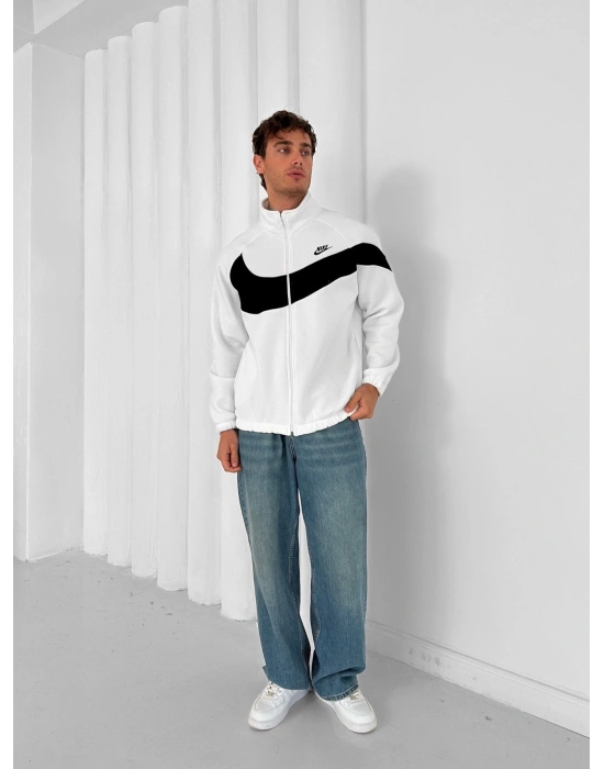 3 İPLİK PAMUKLU KUMAŞ ÇİFT NAKIŞ NK OVERSİZE HIRKA BEYAZ