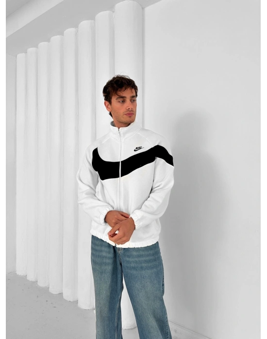 3 İPLİK PAMUKLU KUMAŞ ÇİFT NAKIŞ NK OVERSİZE HIRKA BEYAZ