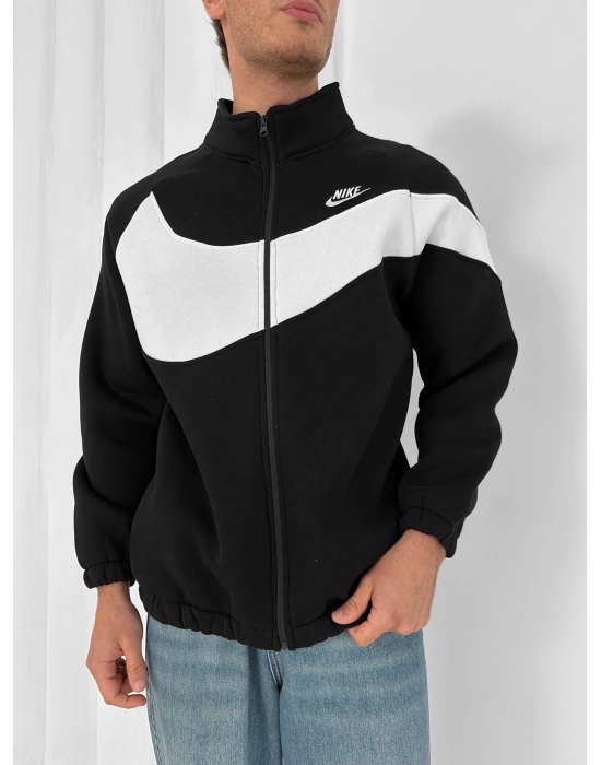 3 İPLİK PAMUKLU KUMAŞ ÇİFT NAKIŞ NK OVERSİZE HIRKA SİYAH