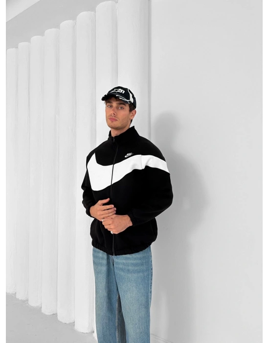 3 İPLİK PAMUKLU KUMAŞ ÇİFT NAKIŞ NK OVERSİZE HIRKA SİYAH