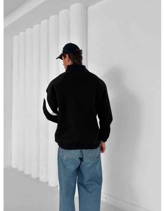 3 İPLİK PAMUKLU KUMAŞ ÇİFT NAKIŞ NK OVERSİZE HIRKA SİYAH