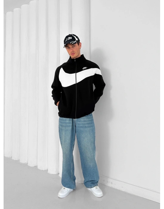 3 İPLİK PAMUKLU KUMAŞ ÇİFT NAKIŞ NK OVERSİZE HIRKA SİYAH