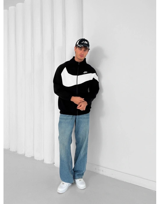 3 İPLİK PAMUKLU KUMAŞ ÇİFT NAKIŞ NK OVERSİZE HIRKA SİYAH