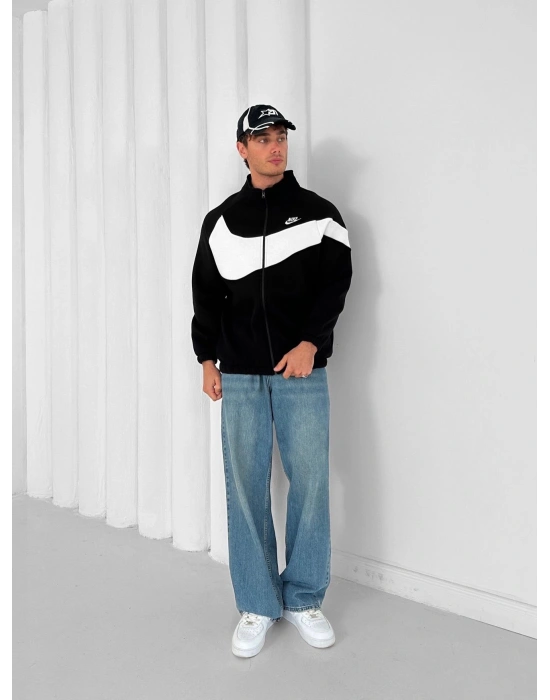 3 İPLİK PAMUKLU KUMAŞ ÇİFT NAKIŞ NK OVERSİZE HIRKA SİYAH