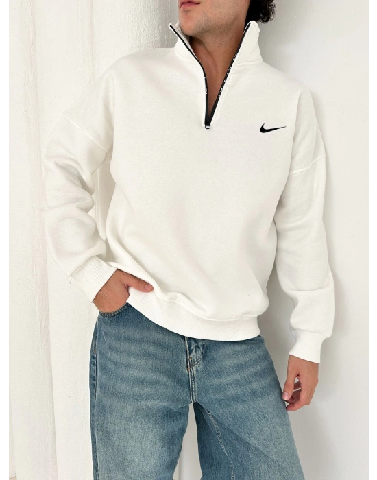 3 İPLİK PAMUKLU KUMAŞ NK YARIM FERMUAR SWEAT BEYAZ