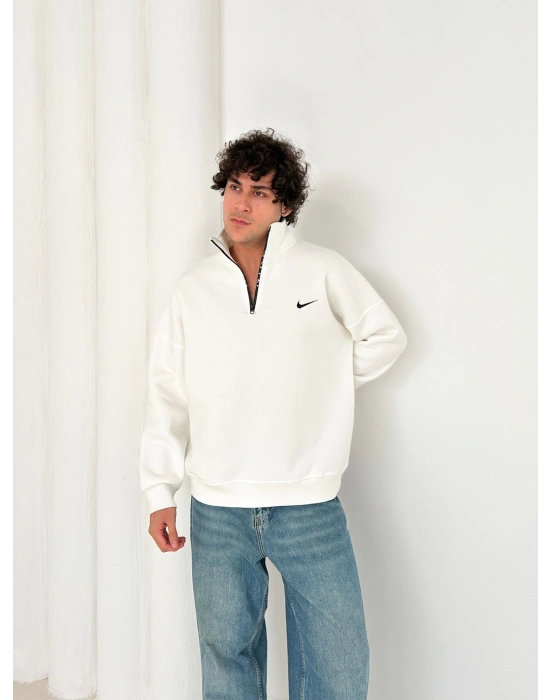 3 İPLİK PAMUKLU KUMAŞ NK YARIM FERMUAR SWEAT BEYAZ