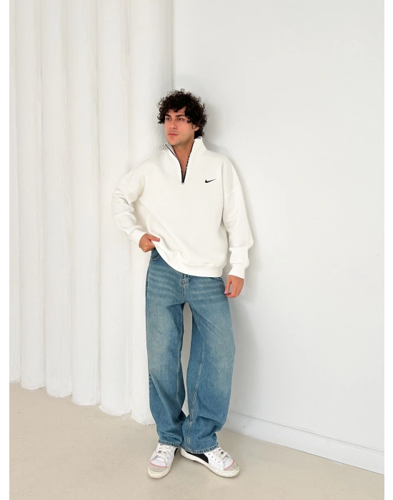 3 İPLİK PAMUKLU KUMAŞ NK YARIM FERMUAR SWEAT BEYAZ