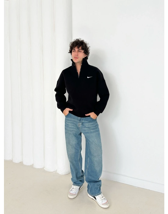 3 İPLİK PAMUKLU KUMAŞ NK YARIM FERMUAR SWEAT SİYAH