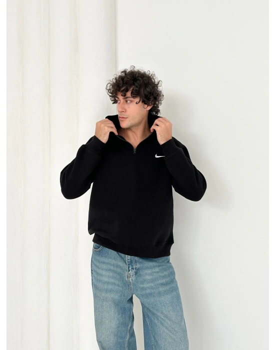 3 İPLİK PAMUKLU KUMAŞ NK YARIM FERMUAR SWEAT SİYAH