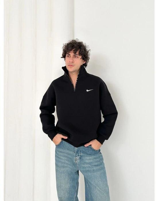 3 İPLİK PAMUKLU KUMAŞ NK YARIM FERMUAR SWEAT SİYAH