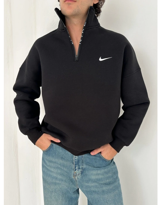 3 İPLİK PAMUKLU KUMAŞ NK YARIM FERMUAR SWEAT SİYAH