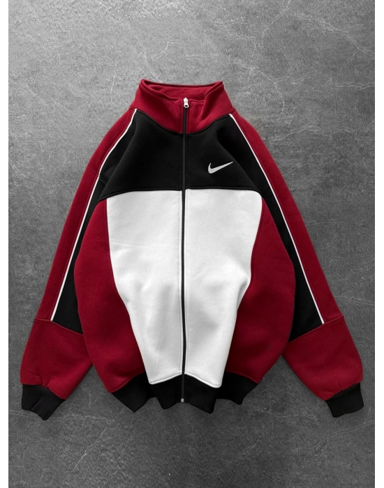 3 İPLİK PAMUKLU KUMAŞ PARÇALI NK OVERSİZE HIRKA KIRMIZI