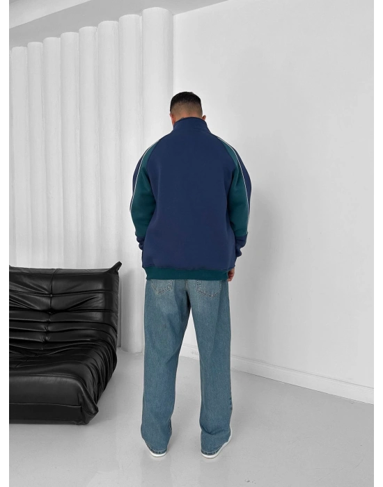 3 İPLİK PAMUKLU KUMAŞ PARÇALI NK OVERSİZE HIRKA LACİVERT