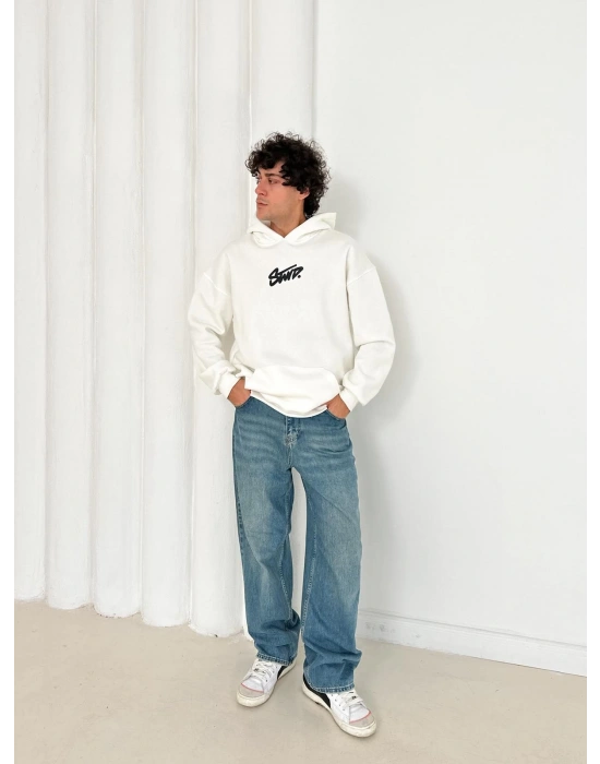 3 İPLİK PAMUKLU KUMAŞ STW KAPÜŞONLU SWEAT BEYAZ