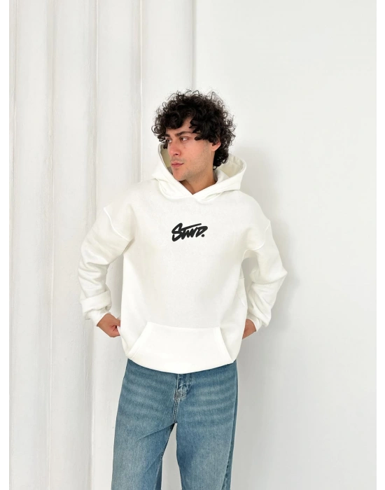 3 İPLİK PAMUKLU KUMAŞ STW KAPÜŞONLU SWEAT BEYAZ