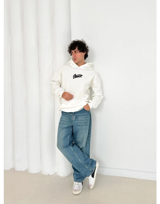 3 İPLİK PAMUKLU KUMAŞ STW KAPÜŞONLU SWEAT BEYAZ