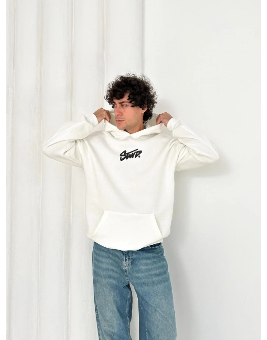 3 İPLİK PAMUKLU KUMAŞ STW KAPÜŞONLU SWEAT BEYAZ