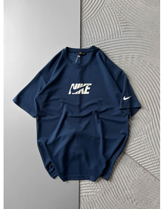 KABARTMA BASKI OYSHO KUMAŞ OVERSİZE TSHİRT LACİVERT