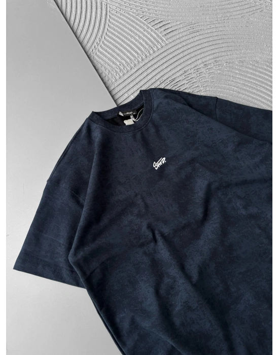 YIKAMALI KUMAŞ STW NAKIŞLI OVERSİZE TSHİRT LACİVERT