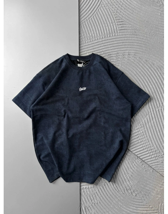 YIKAMALI KUMAŞ STW NAKIŞLI OVERSİZE TSHİRT LACİVERT