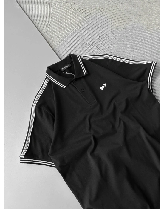 POLO YAKA STW NAKIŞLI KOL ŞERİT OVERSİZE TSHİRT SİYAH