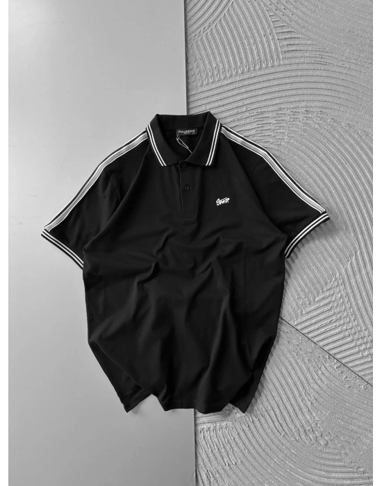 POLO YAKA STW NAKIŞLI KOL ŞERİT OVERSİZE TSHİRT SİYAH