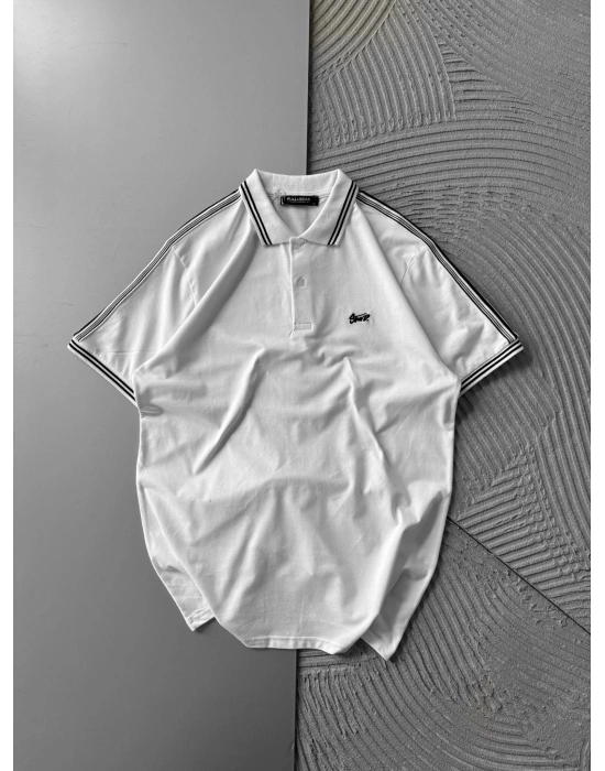 POLO YAKA STW NAKIŞLI KOL ŞERİT OVERSİZE TSHİRT BEYAZ