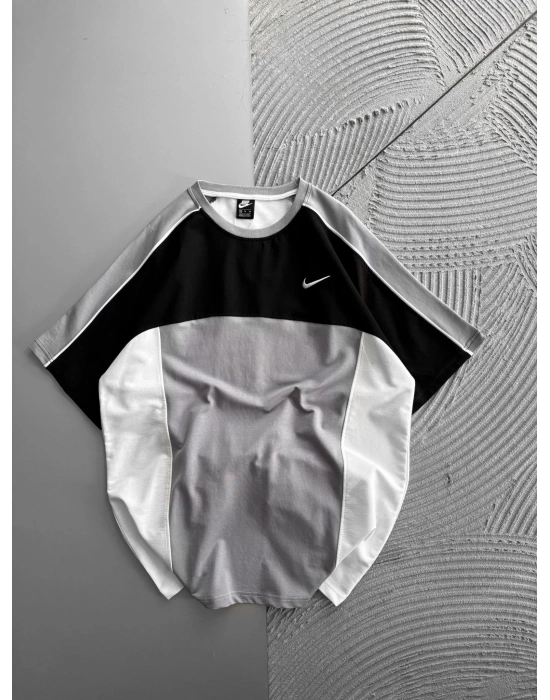 BISIKLET YAKA NK ÜSTTEN PARÇALI OVERSIZE TSHIRT GRİ