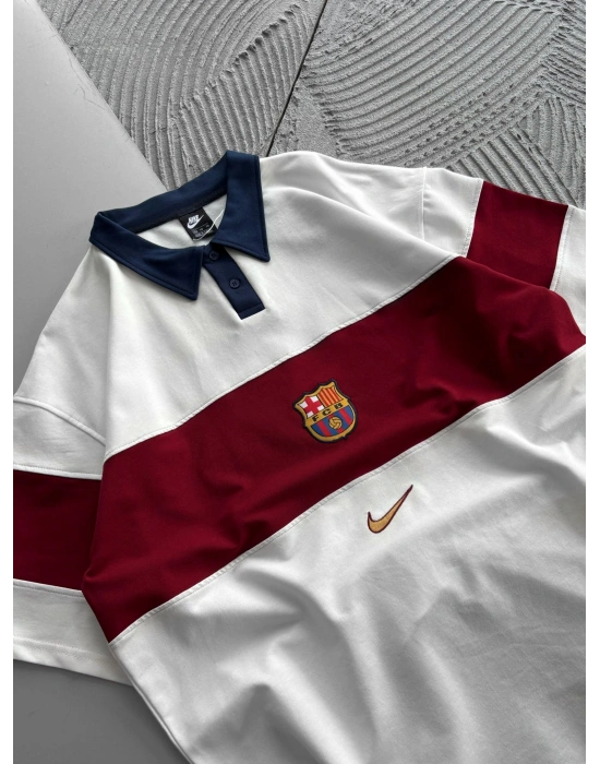 POLO YAKA BARCA ORTA PARÇALI OVERSIZE TSHIRT BEYAZ
