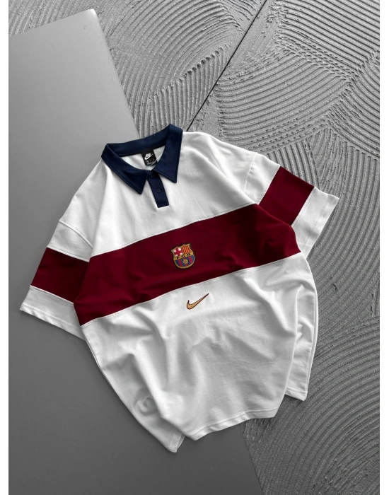 POLO YAKA BARCA ORTA PARÇALI OVERSIZE TSHIRT BEYAZ