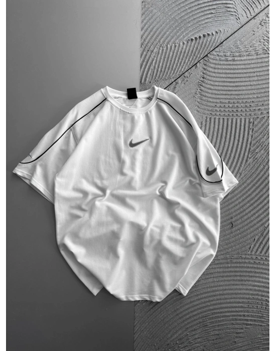 BISIKLET YAKA KOLLAR BIYE REFLEKTÖR NAKIŞ OVERSIZE TSHIRT BEYAZ