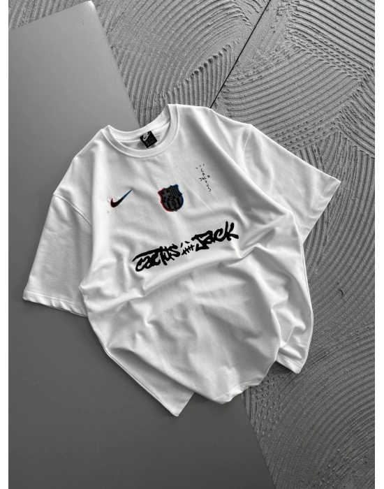 BİSİKLET YAKA NK BARCA HOLOGRAM OVERSİZE TSHİRT BEYAZ