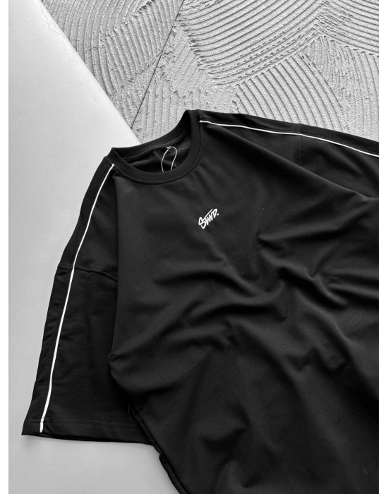 BİSİKLET YAKA OMUZ BİYE STW OVERSİZE TSHİRT SİYAH