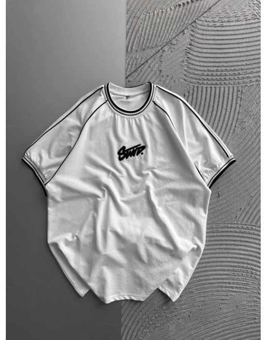 RİBANA YAKA OMUZ ÇİFT BİYE STW OVERSİZE TSHİRT BEYAZ