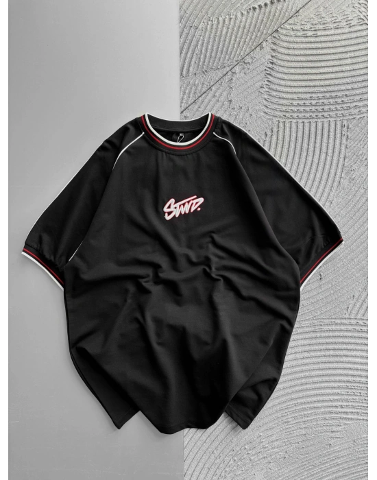 RİBANA YAKA OMUZ ÇİFT BİYE STW OVERSİZE TSHİRT SİYAH