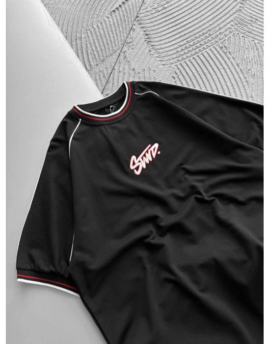 RİBANA YAKA OMUZ ÇİFT BİYE STW OVERSİZE TSHİRT SİYAH