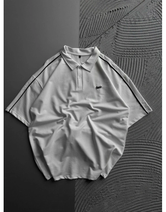 POLO YAKA KOL BİYE STW OVERSİZE TSHİRT BEYAZ