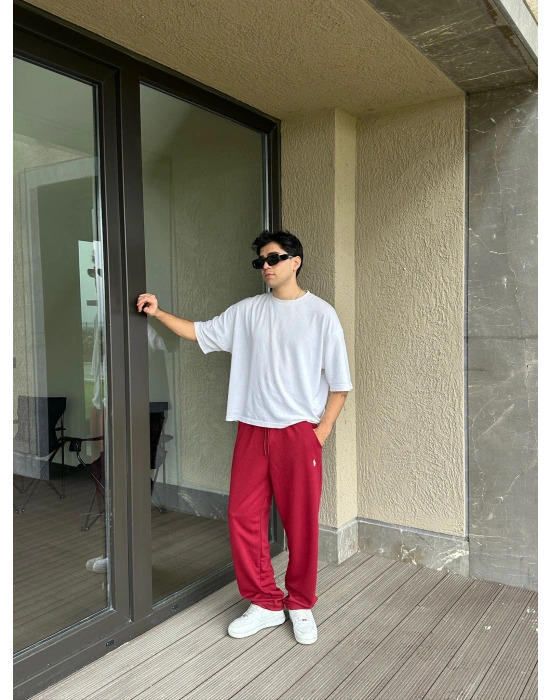 2 İPLİK KUMAŞ BAGGY KALIP PAÇA LASTİKLİ PLO EŞOFMAN ALTI KIRMIZI