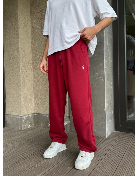 2 İPLİK KUMAŞ BAGGY KALIP PAÇA LASTİKLİ PLO EŞOFMAN ALTI KIRMIZI