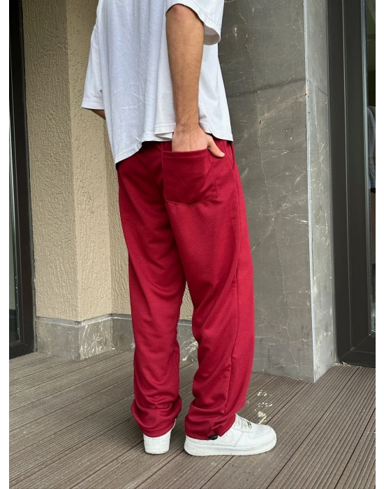 2 İPLİK KUMAŞ BAGGY KALIP PAÇA LASTİKLİ PLO EŞOFMAN ALTI KIRMIZI