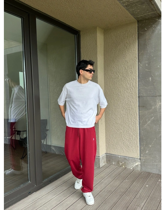 2 İPLİK KUMAŞ BAGGY KALIP PAÇA LASTİKLİ PLO EŞOFMAN ALTI KIRMIZI