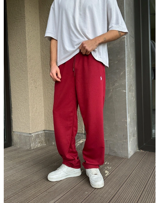 2 İPLİK KUMAŞ BAGGY KALIP PAÇA LASTİKLİ PLO EŞOFMAN ALTI KIRMIZI