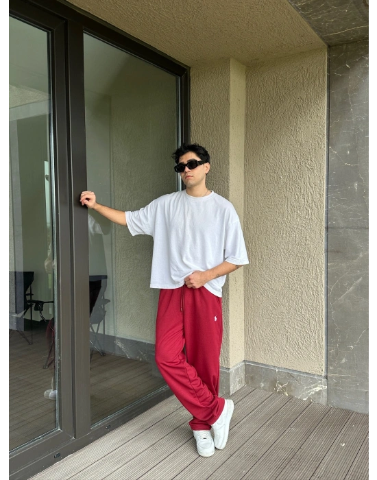 2 İPLİK KUMAŞ BAGGY KALIP PAÇA LASTİKLİ PLO EŞOFMAN ALTI KIRMIZI