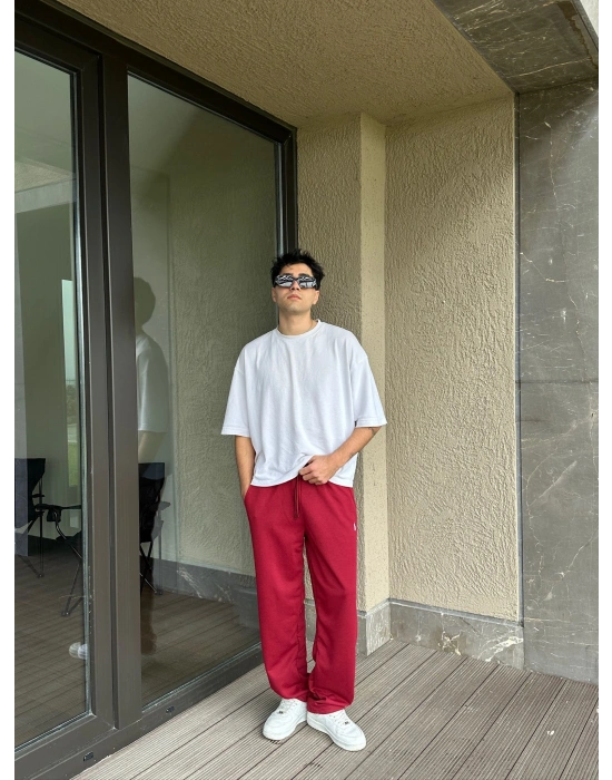 2 İPLİK KUMAŞ BAGGY KALIP PAÇA LASTİKLİ PLO EŞOFMAN ALTI KIRMIZI