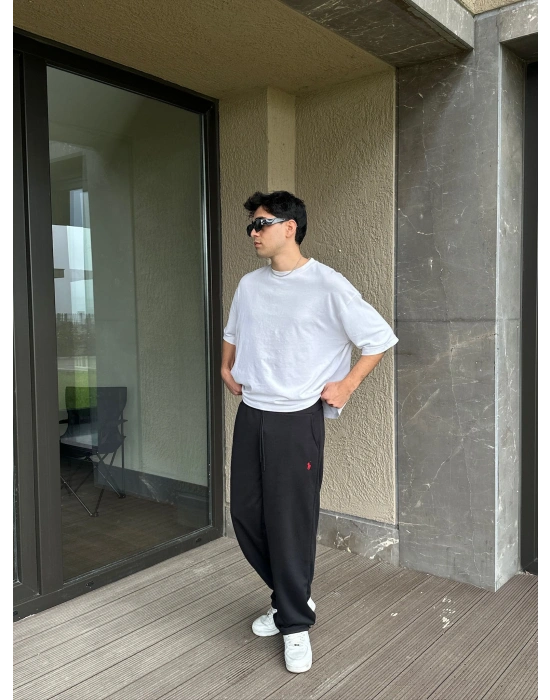 2 İPLİK KUMAŞ BAGGY KALIP PAÇA LASTİKLİ PLO EŞOFMAN ALTI SİYAH