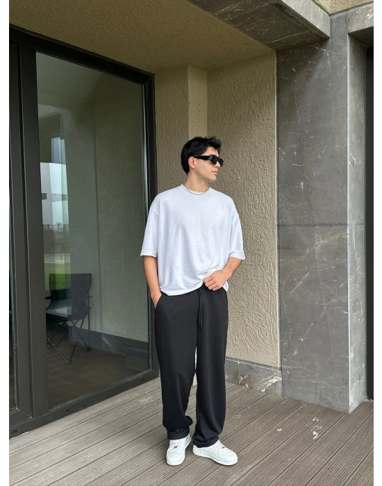 2 İPLİK KUMAŞ BAGGY KALIP PAÇA LASTİKLİ PLO EŞOFMAN ALTI SİYAH